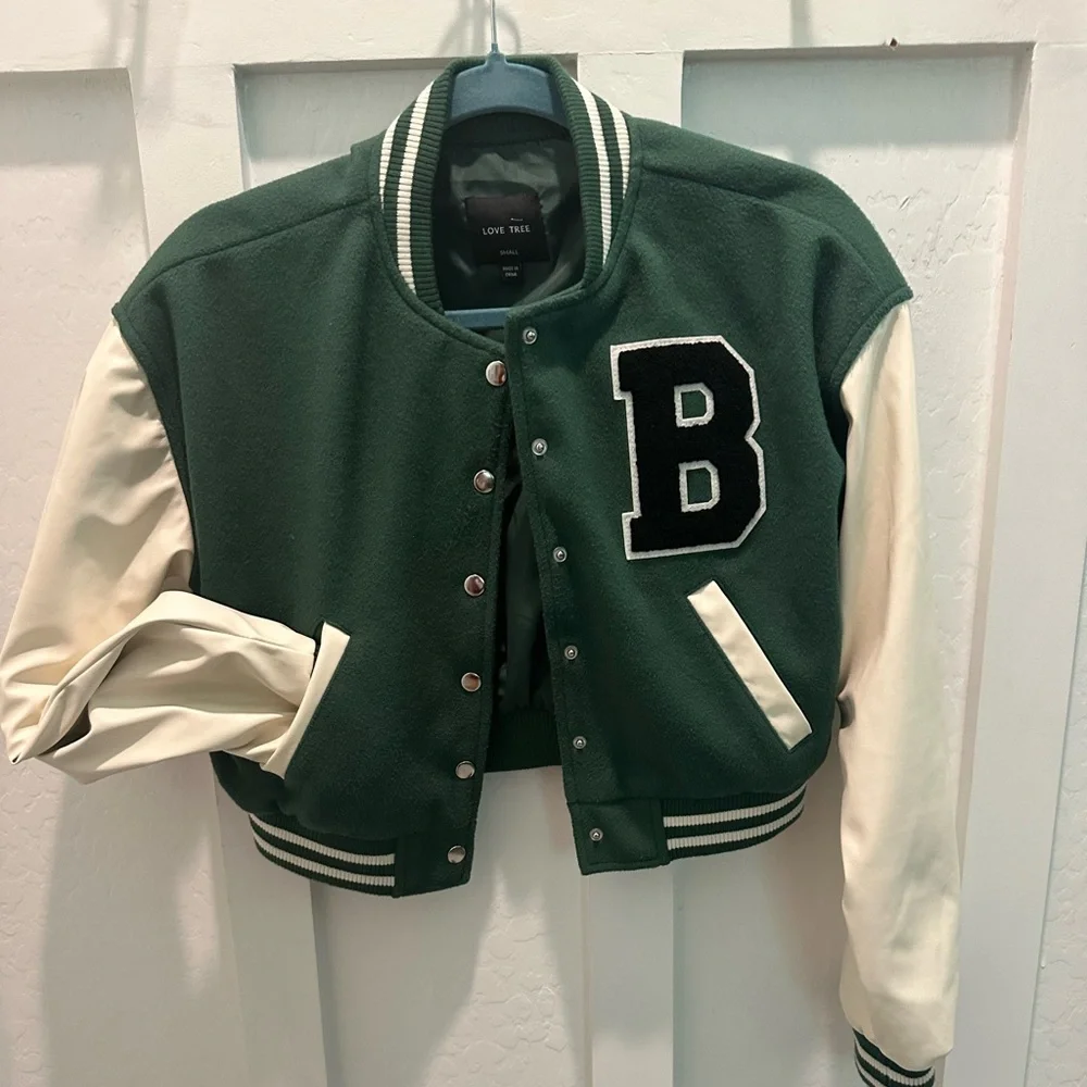Love Tree Forest Green and Cream Varsity Jacket - Picture 3 of 10